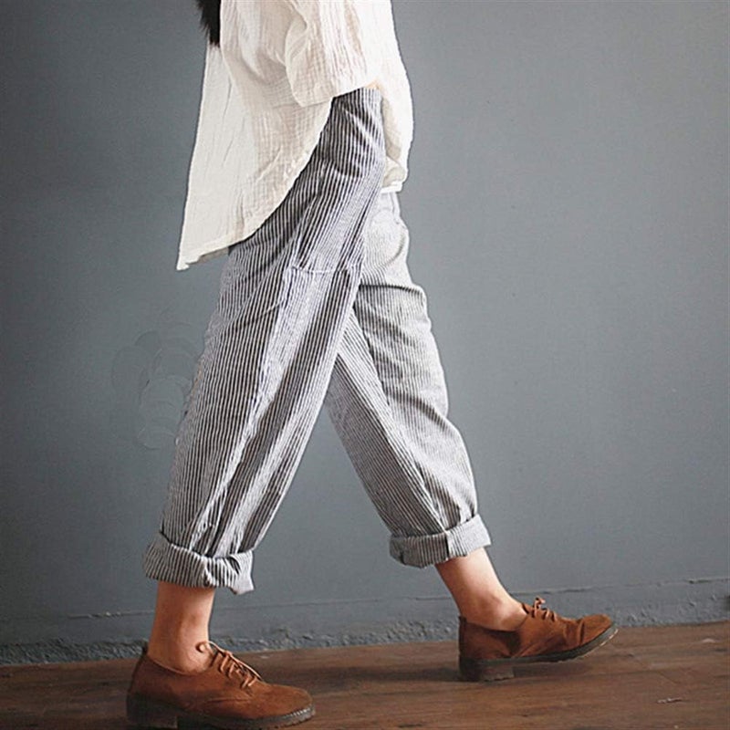 woobles Womens Striped Linen Pants Elastic Waist Cropped Trousers Capri - Image 1